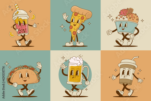 Set of retro cartoon funny characters. Pizza, beer, cappuccino, taco, bubble tea, ice cream mascot. Vintage street food and drink vector illustration. Nostalgia 60s, 70s, 80s