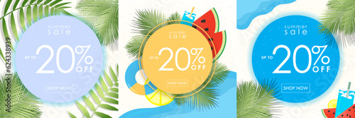 Set of colorful Summer Sale with Up to 20% off and Shop Now CTA on beach beach background with tropical elements. For social media, print, digital, templates, layout. Vector Illustration. EPS 10.