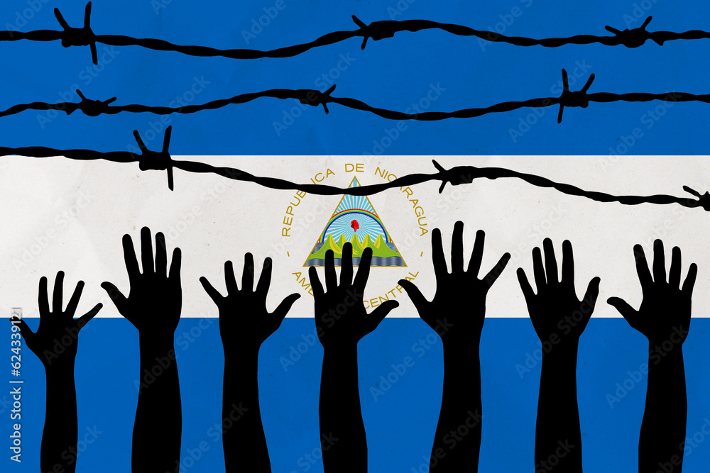 Nicaragua flag behind barbed wire fence. Group of people hands. Freedom and propaganda concept