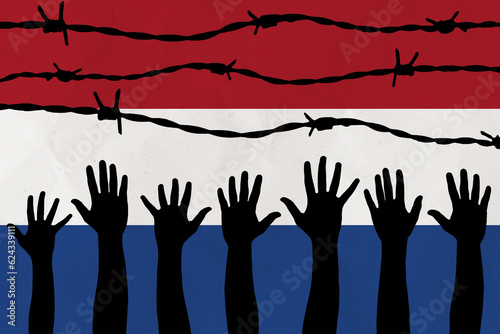 Netherlands flag behind barbed wire fence. Group of people hands. Freedom and propaganda concept