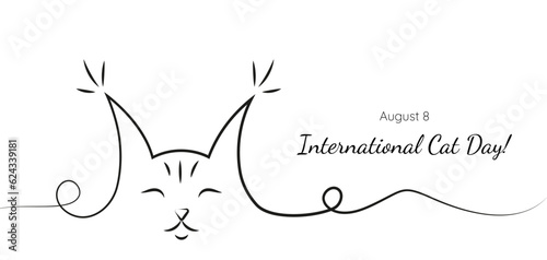 International Cat Day banner with line art cat on a white background, Cat Day postcard, invitation, celebration of August 8.