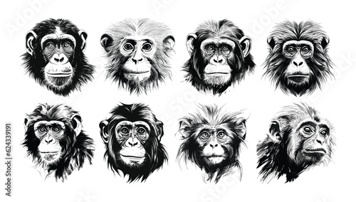 Set of cute monkey in doodle hand drawn style