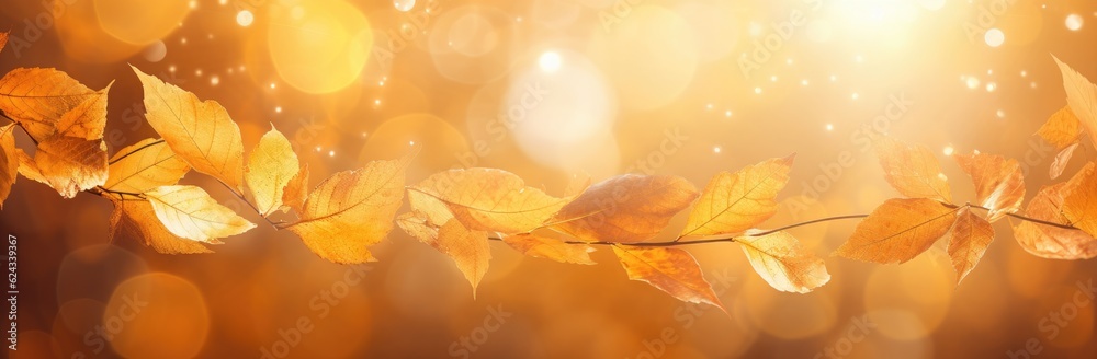 Horizontal image with golden sunny leaves. Generative AI Horizontal image with golden sunny leaves. Generative AI