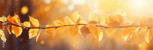 Horizontal image with golden sunny leaves. Generative AI