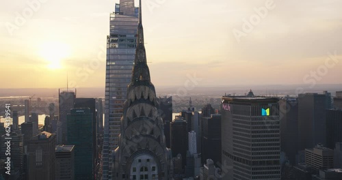 Helicopter Tourist Tour Around New York City. Aerial View with a Picturesque Sunset Landscape View Over Manhattan Skyscrapers, with Hudson River and Jersey City