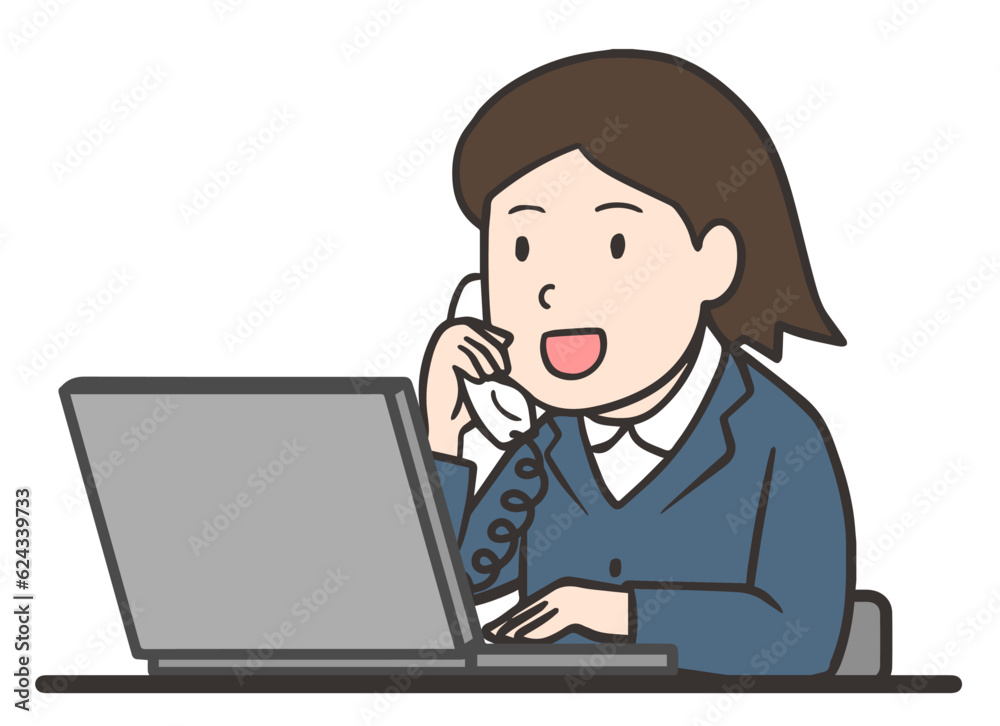 パソコンを使いながら電話対応する会社員の女性 パソコンを使いながら電話対応する会社員の女性