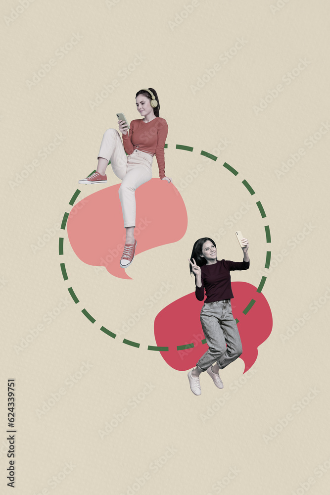 Vertical design illustration photo collage art picture of two young women together connection video dialogue isolated on beige background