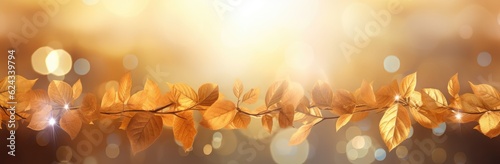 Horizontal image with golden sunny leaves. Generative AI