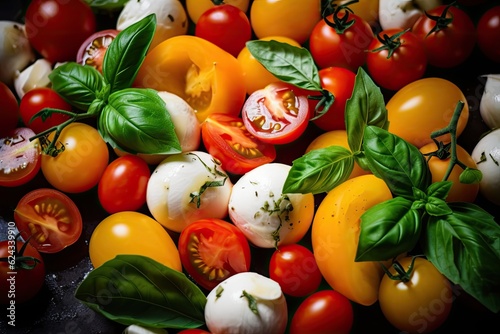 Close-up of red and yellow tomatoes with basil and mozzarella.