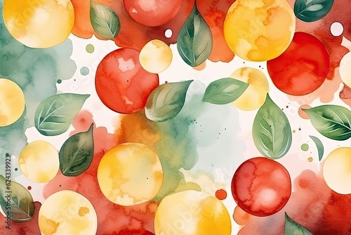 Beautiful vegetable watercolor background with tomatoes and basil.