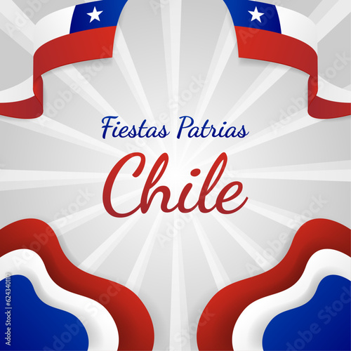 Fiesas Patrias Chile or Chile National Holiday Celebration Greeting with Wavy Flags and Abstract Paper Cutout Style Decoration