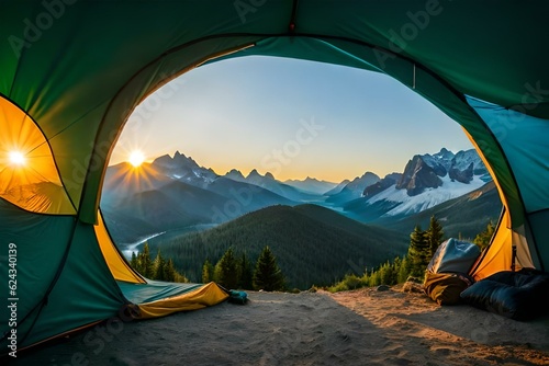 tent in the mountains at sunset generated by AI technology