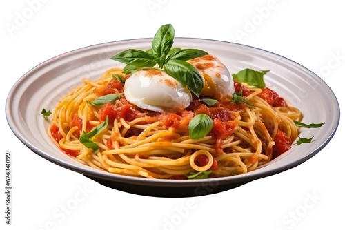 Delicious spaghetti dish with tomato sauce basil appetiz, Transparent background. generative AI