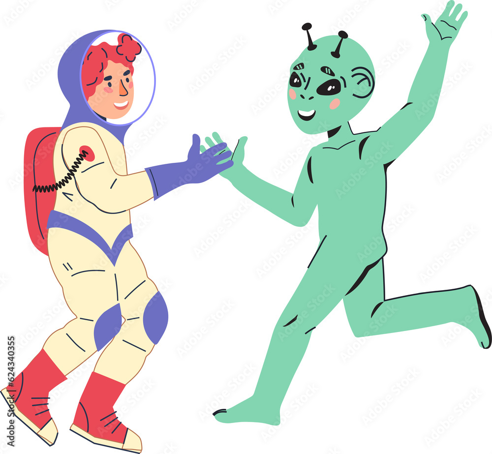 Child little explorer, young cosmonaut meeting friendly alien. Space explore and fantasy adventure concept for kids educational events. Child little explorer, young cosmonaut meeting friendly alien. Space explore and fantasy adventure concept for kids educational events.