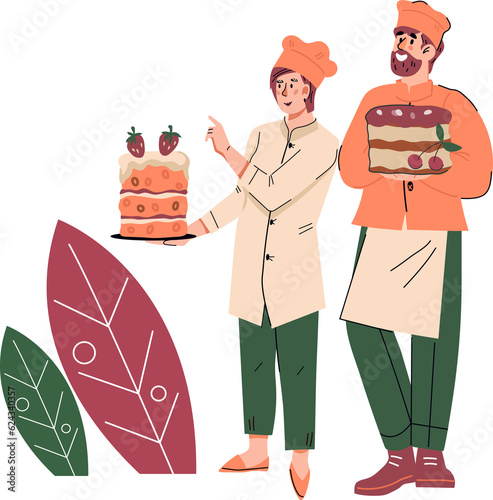 Confectioners or pastry cooks presenting festive wedding or birthday cake. Pastry s vector ihop or home confectionery emblem. photo