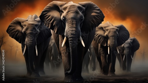 A group of African elephants on a dark background