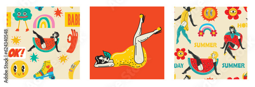 Beautiful young retro girls with fruits costume. Hot summer concept for advertising. Poster, sticker templates Vector background in in groovy pin-up pop art retro comic style.