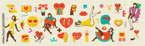 Groovy hippie love sticker set. Retro happy Valentines day. Comic happy heart character in trendy retro 60s 70s cartoon style. Retro characters and elements.