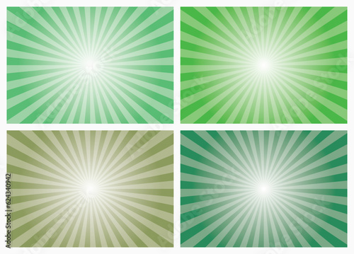Green ray background set. Vector illustration of sun rays or beams. Vintage abstract texture. Retro starburst, sun beam. Halftone color. Light burst. Bright shine sunburst.