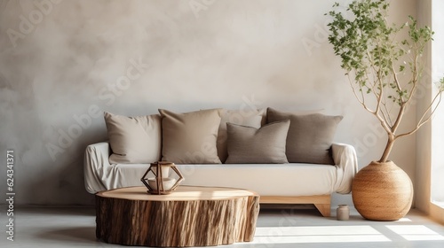 Round rustic loveseat sofa and stump side table near wall interior design of modern living room generative ai
