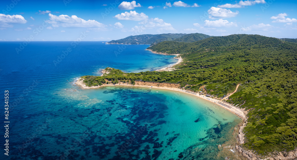 Panoramic aerial view of the beach at Mantraki, Skiathos island, Sporades, Greece, with lush pine tree forest and emerald sea