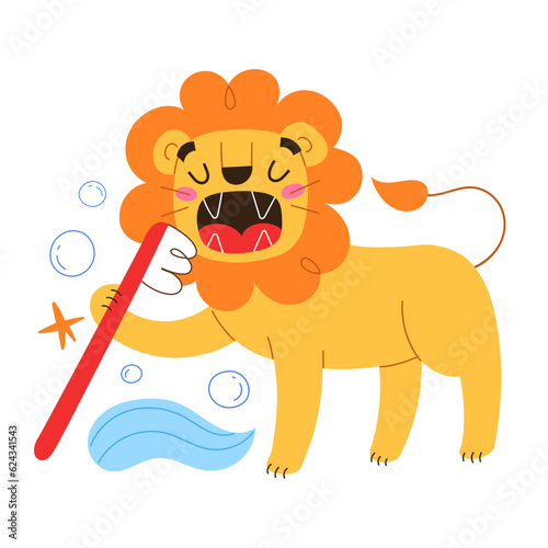 Cute lion brushing teeth with toothpaste, smiley cartoon character holding a toothbrush, oral hygiene illustration for kids, friendly mammal isolated on white background, children illustration