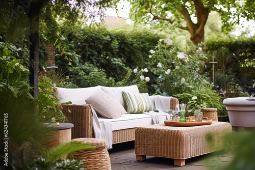 Garden lounge, outdoor furniture and countryside house patio decor with sofa and table, country cottage style landscape design, generative ai