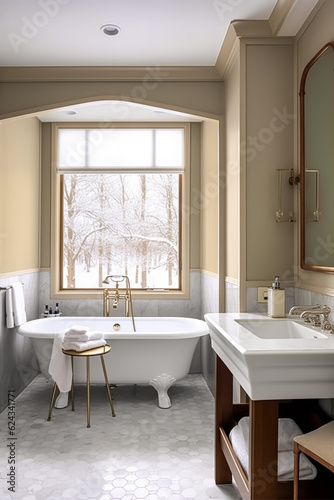 Country bathroom decor  interior design and home improvement  bathtub and bathroom furniture  country cottage style in winter  generative ai