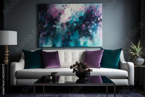 Modern living room with large abstract painting on the wall  Generative AI