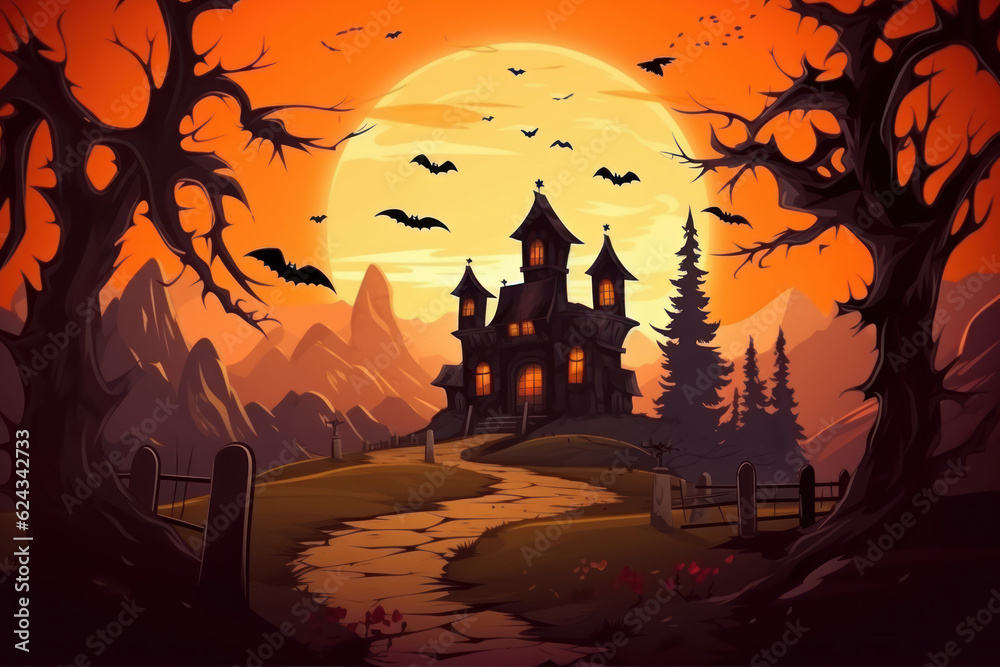 castle, vampire, Halloween, 31 October, bat, road, tree, mountains, gruesome; spooky; scary; horror; branch; creepy; kooky; children's book illustration, orange, green, black