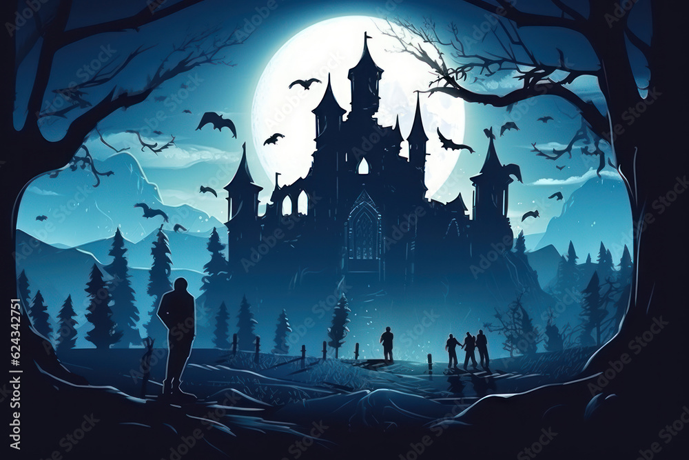 Vampire's castle with a big moon on background. Children's book illustration style.