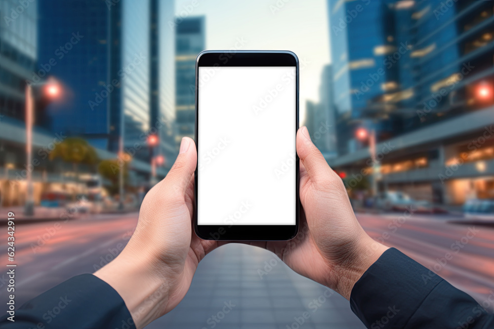 Businessman holdin smartphone with blank screen with business district in background. Copy space, add image or text. Generative Ai