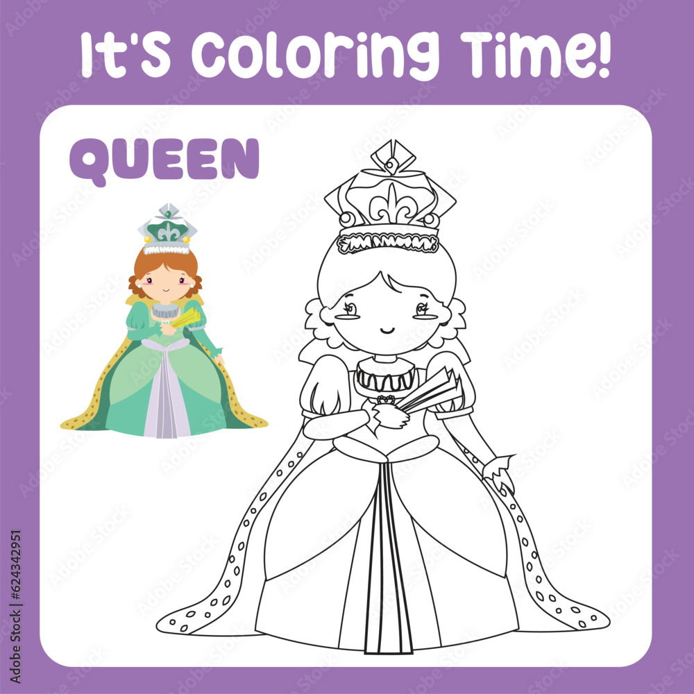 It's coloring time a fairy tale medieval kingdom black and white a queen in green dress holding a fan hand. Vector outline fantasy monarch kingdom. Medieval fairytale queen in green dress cartoon. It's coloring time a fairy tale medieval kingdom black and white a queen in green dress holding a fan hand. Vector outline fantasy monarch kingdom. Medieval fairytale queen in green dress cartoon.