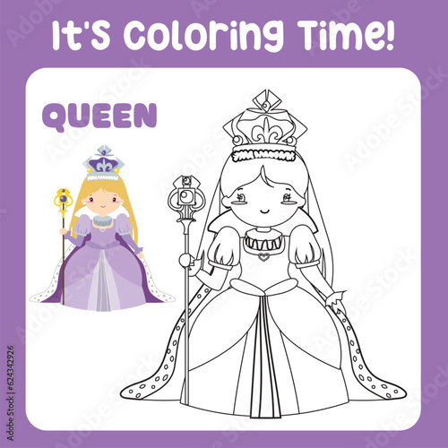 It's coloring time a fairy tale medieval kingdom black and white a queen in purple dress holding a sceptre. Vector outline fantasy monarch kingdom. Medieval fairytale queen in purple dress cartoon.