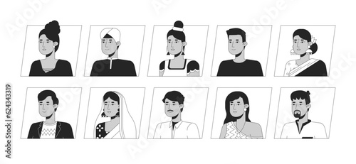 Pretty indian people black white cartoon avatar icons bundle. Editable 2D user portraits linear illustrations. Isolated vector face profile cliparts. Userpic collection, people head and shoulders