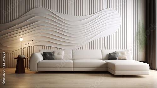 Modern living room with white corner sofa and wavy paneling wall generative ai © tanjidvect