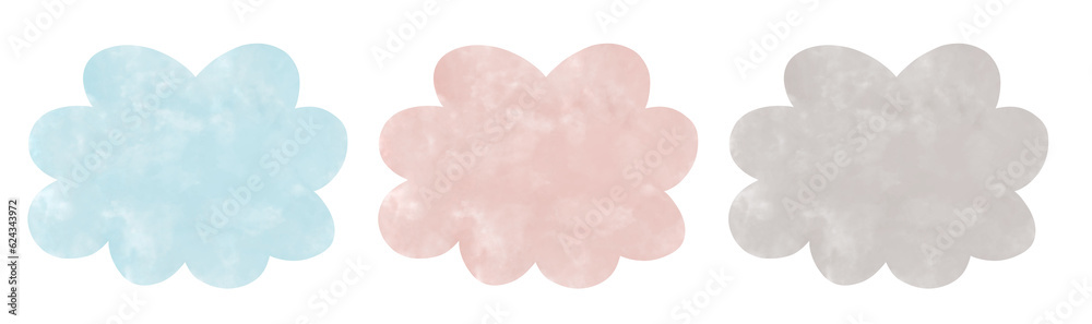 Light Blue, Pastel Pink and Light Warm Gray Watercolor Clouds. No Background. Abstract Clouds of Irregular Shape. No Text. Simple Graphic with Isolated Clouds.