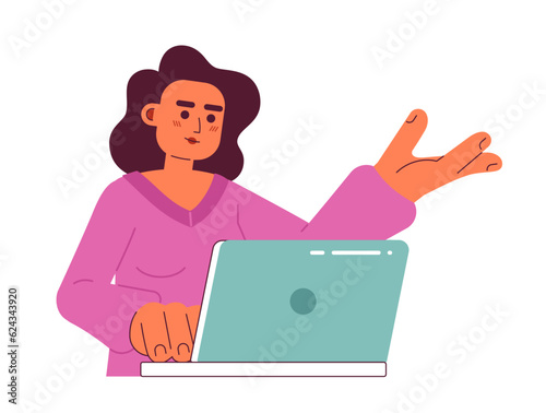 Woman office worker semi flat color vector character. Editable half body business woman working on laptop on white. Simple cartoon spot illustration for web graphic design