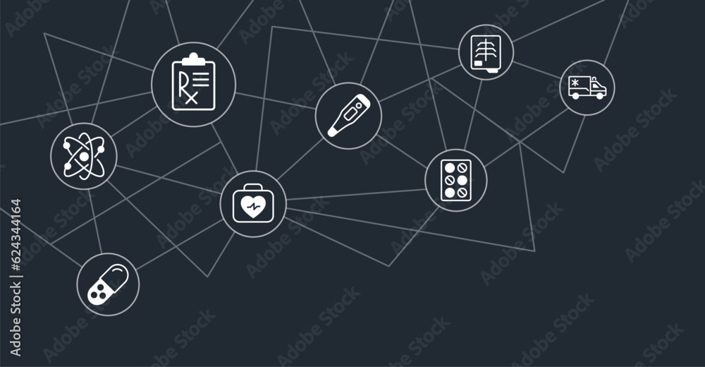 Medical science concept design template with white glyph icons. Editable flat pictograms on abstract background with blank copy space. Vector illustration for ad, web banner, business presentation Medical science concept design template with white glyph icons. Editable flat pictograms on abstract background with blank copy space. Vector illustration for ad, web banner, business presentation