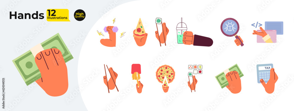 Hands hold things semi flat colour vector objects bundle. Many hands with food, money. Editable cartoon clip art icon on white background. Simple spot illustrations collection for web graphic design