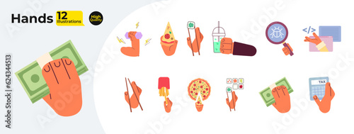 Hands hold things semi flat colour vector objects bundle. Many hands with food, money. Editable cartoon clip art icon on white background. Simple spot illustrations collection for web graphic design