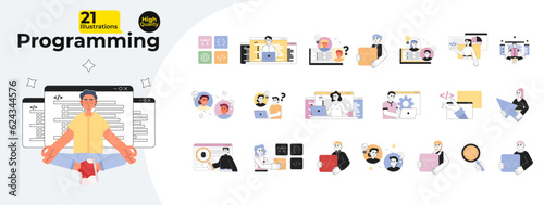 People programming codes monochrome concept vector spot illustrations bundle. Freelancers wit devices 2D flat bw cartoon characters for web UI design. Isolated editable handdrawn hero image collection