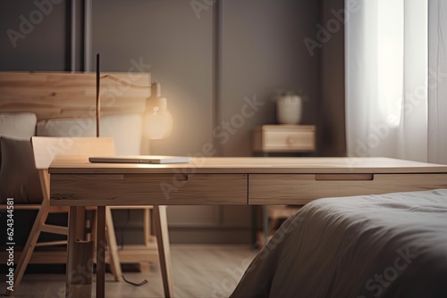 the wooden desk interior with blur. Bedroom. mockup. Generative AI © Vusal