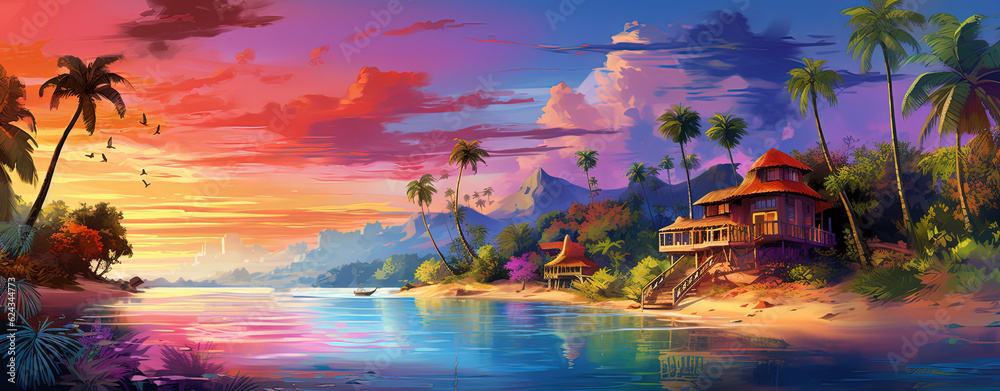 custom made wallpaper toronto digitalpainting style illustration of beautiful peaceful tropical ocean lagoon banner background wallpaper, Generative Ai