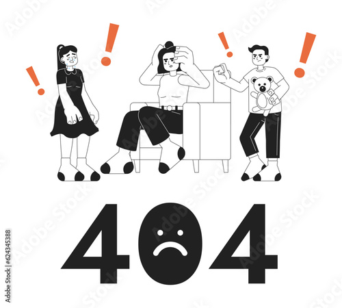 Bad parenting day black white error 404 flash message. Tired mom and siblings fight. Monochrome empty state ui design. Page not found popup cartoon image. Vector flat outline illustration concept