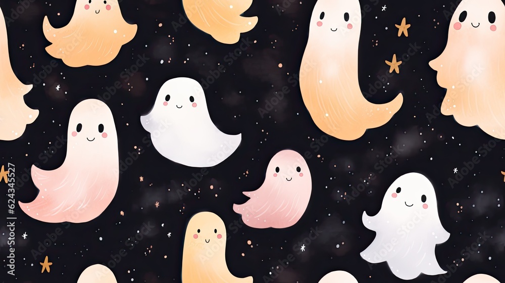 Pastel Ghosts silhouette on dark wallpaper, in the style of light pink