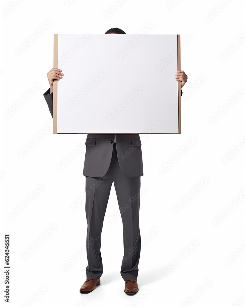 a businessman holding up a brown old cardboard sign on a white background a businessman holding up a brown old cardboard sign on a white background