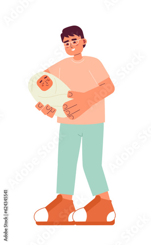 Asian dad bonding with baby semi flat color vector characters. Father holding swaddled newborn infant. Editable full body people on white. Simple cartoon spot illustration for web graphic design
