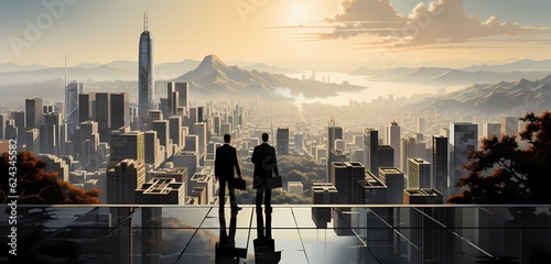 Two business men shaking hands in front of a huge city setting, in the style of intricate patterns, delicate lines, lively tableaus photo
