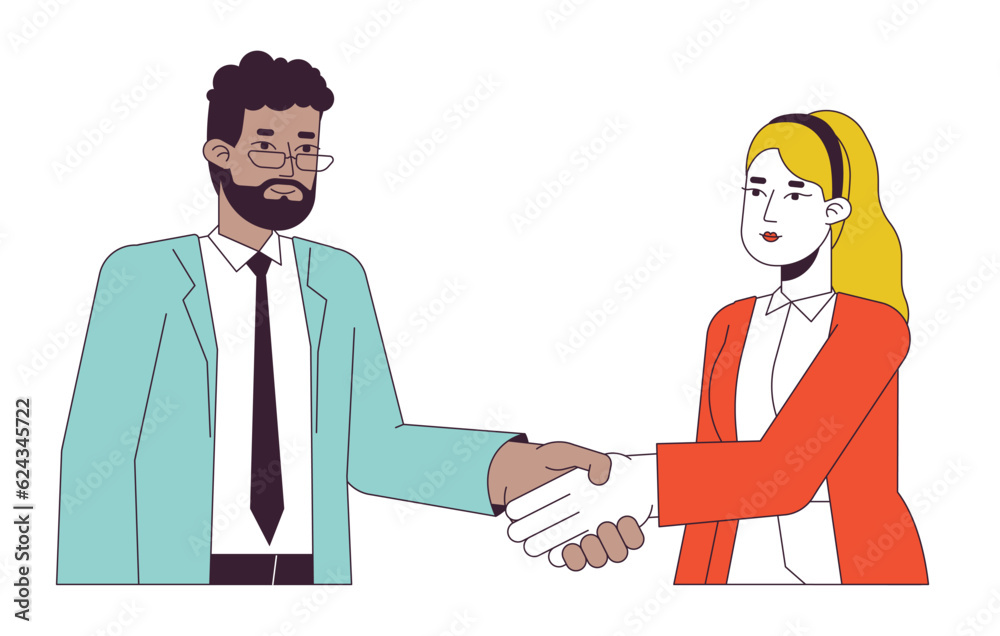 Negotiating business people flat line vector spot illustration. Leaders colleagues 2D cartoon outline characters on white for web UI design. Networking event editable isolated color hero image